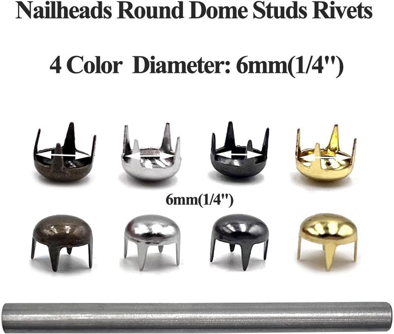 honigo 400pcs Nailheads Round Dome Studs Rivets Mixed Color Metal Solid Brass 6mm 4 Prongs Spikes Spots for Leather Craft Clothes Belt Bag Shoes Decorations Totes DIY Craft Gold Silver Gun Bronze - Image 2
